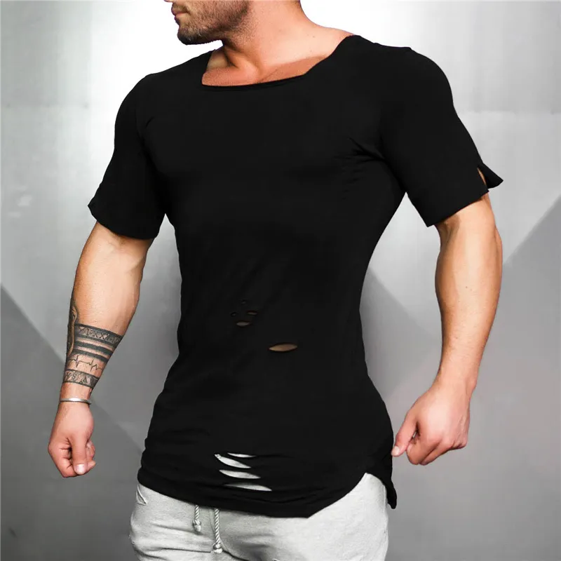 Summer Short Sleeve Ripped Hole T Shirt Men T-Shirt Male Tee Fitness and Bodybuilding tshirt Men Gyms Compression Shirt 210421