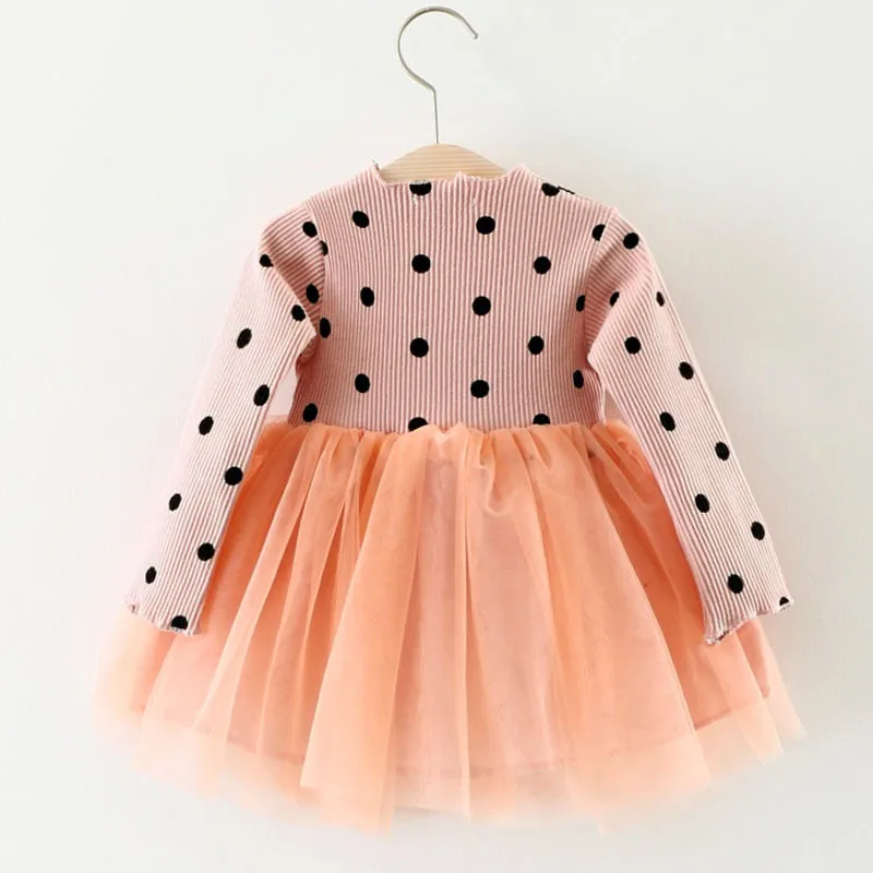 Filles Robe Automne Points Couture Net Fil Princesse À Manches Longues Bébé Enfants Vêtements 210515