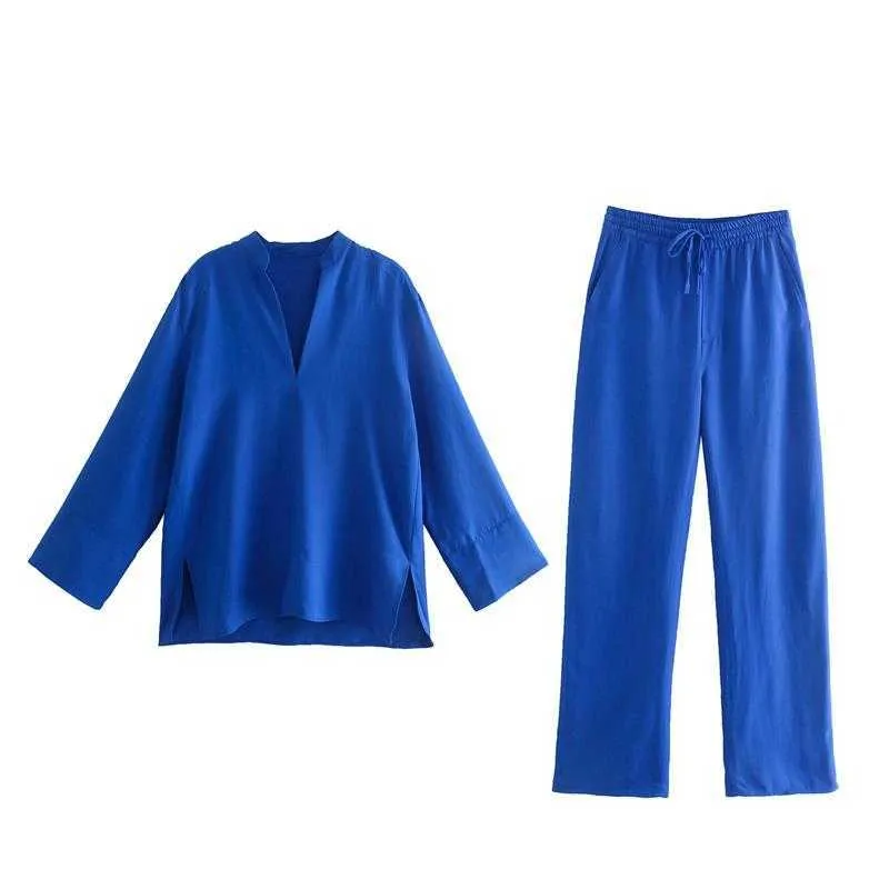 ZA Femmes Costumes 2 pièces Automne Mode Simple Lâche Bleu Col V Casual Street Jeunes femmes 210930
