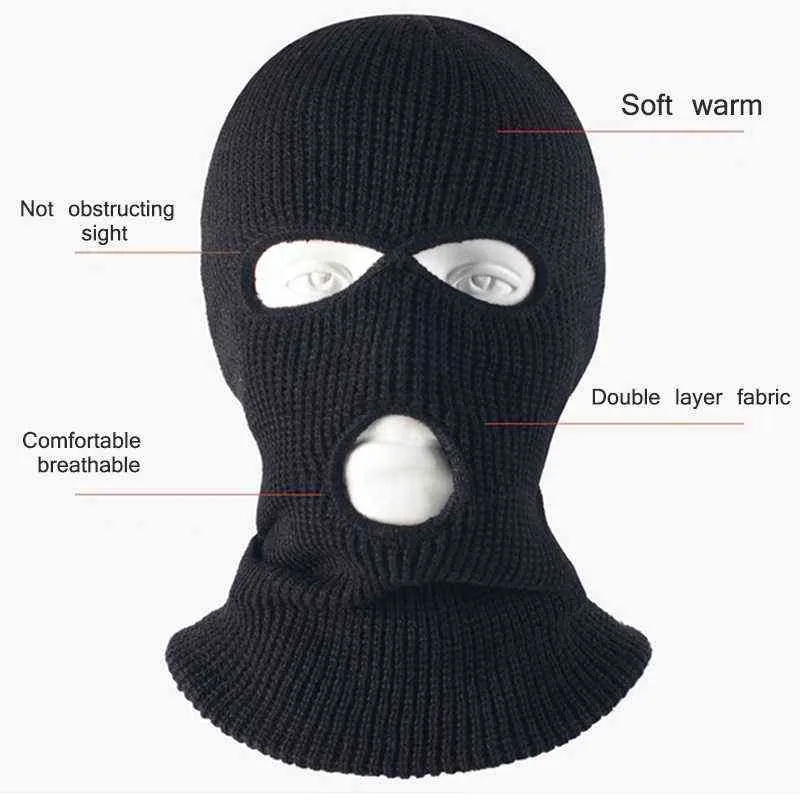 Masque de couverture complète Trois 3 trous Balaclava Bonnet en tricot Armée Tactique CS Hiver Ski Cyclisme Masque de moto Bonnet Chapeau Écharpe Chaud Y21111