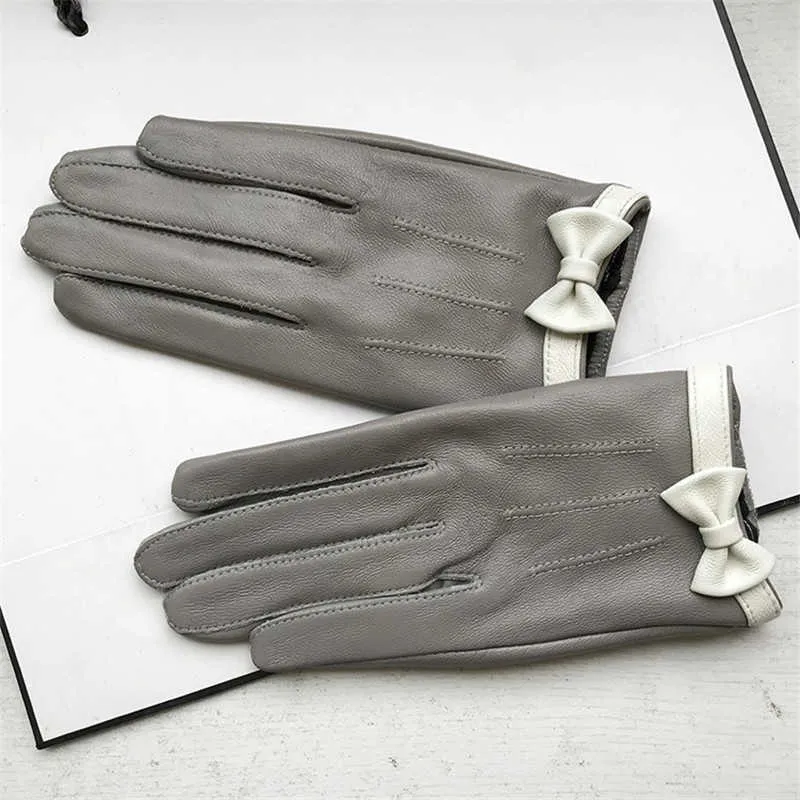 Women's short design sheepskin gloves genuine leather gloves Bow design pink motorcycle glove H1022
