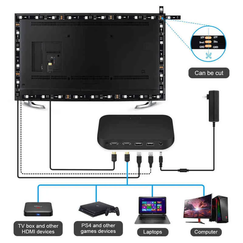 Alexa Google TVS Box 용 USB RGB 테이프 화면 컬러 동기화 LED 조명 키트 W170H
