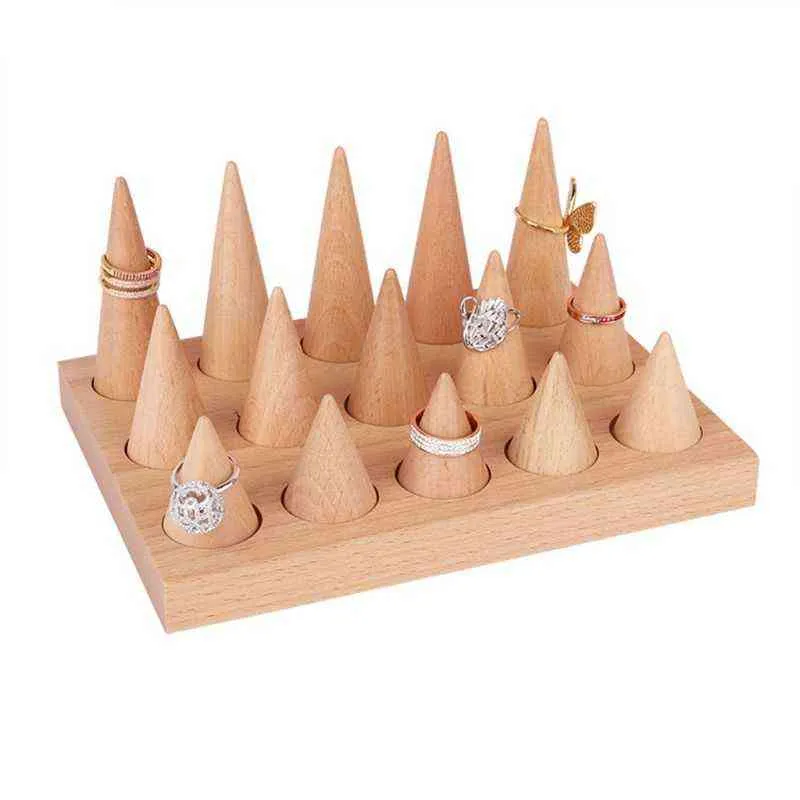 Natural Wood Cone Shape Finger Ring Stand Jewelry Display Holder Showcase Stands Rings Bracelet Tray 211105181Z