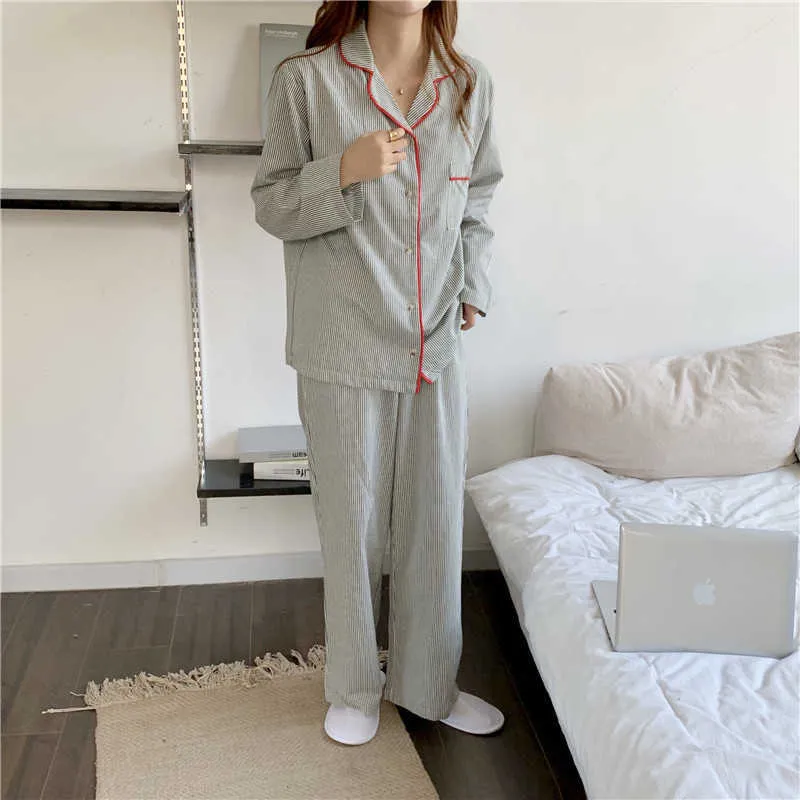 Dois peças Terno Cardigans Listrado Algodão Nightwear Doce Soft Casual Homewear Loose Moda Pijamas Sets 210525