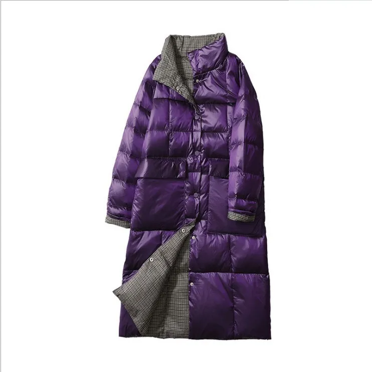 2021 Double Sided Down Jacket Women's Long Korean Version Is Thin and White Duck Down Large Coat Is Worn on Both Sides