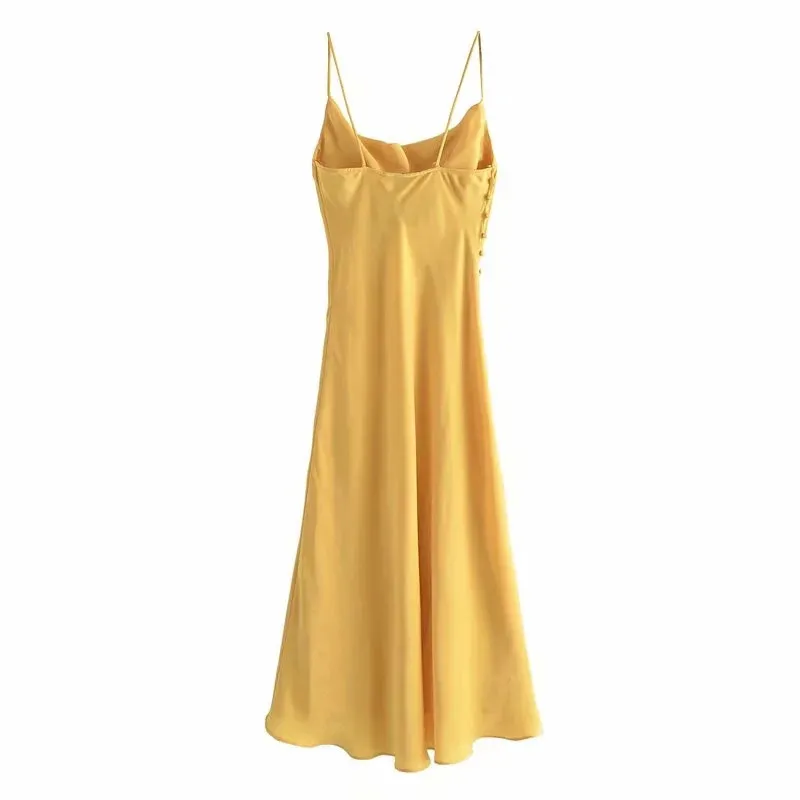 Dress Woman Camisole Yellow Satin Long Women Backless Slip Elegant Summer es Ladies Sexy Party es 210519