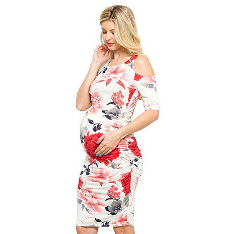 Nuovi abiti materni Donna con spalle scoperte Stampa Versatile Sottile Abiti da gravidanza Donna Fiore Colore Abito Casual O-Collo Dresse G220309