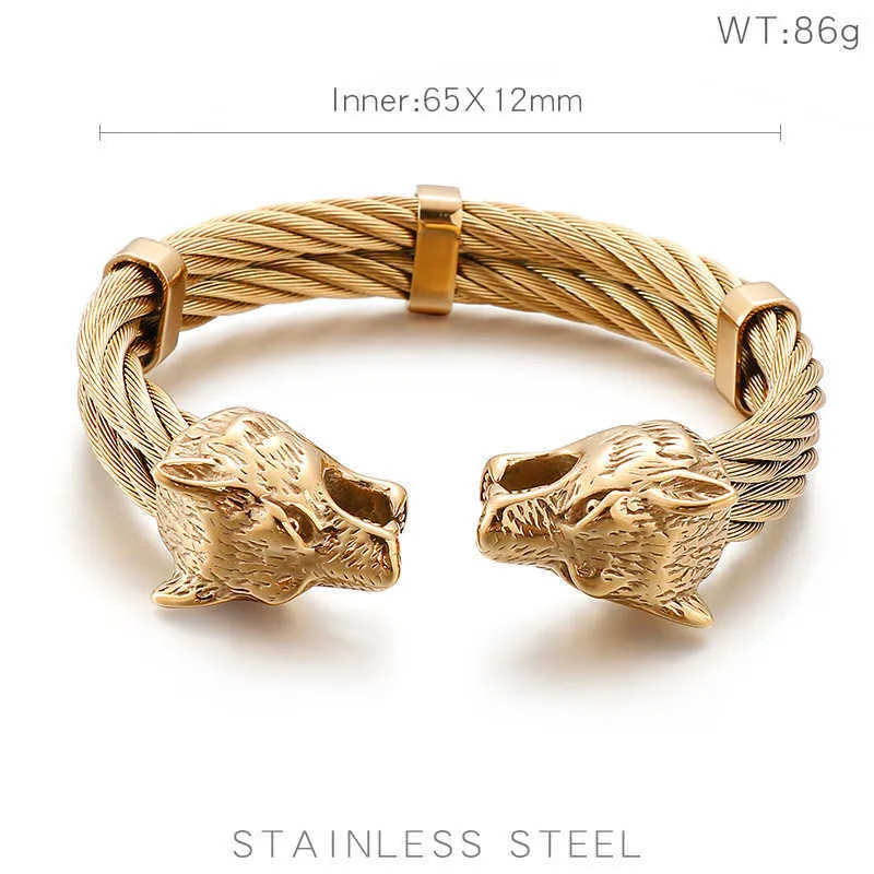 Acier inoxydable Viking Wolf Bangle Man câble or / noir / argent couleur animal bracelet hommes bijoux 2109186664263