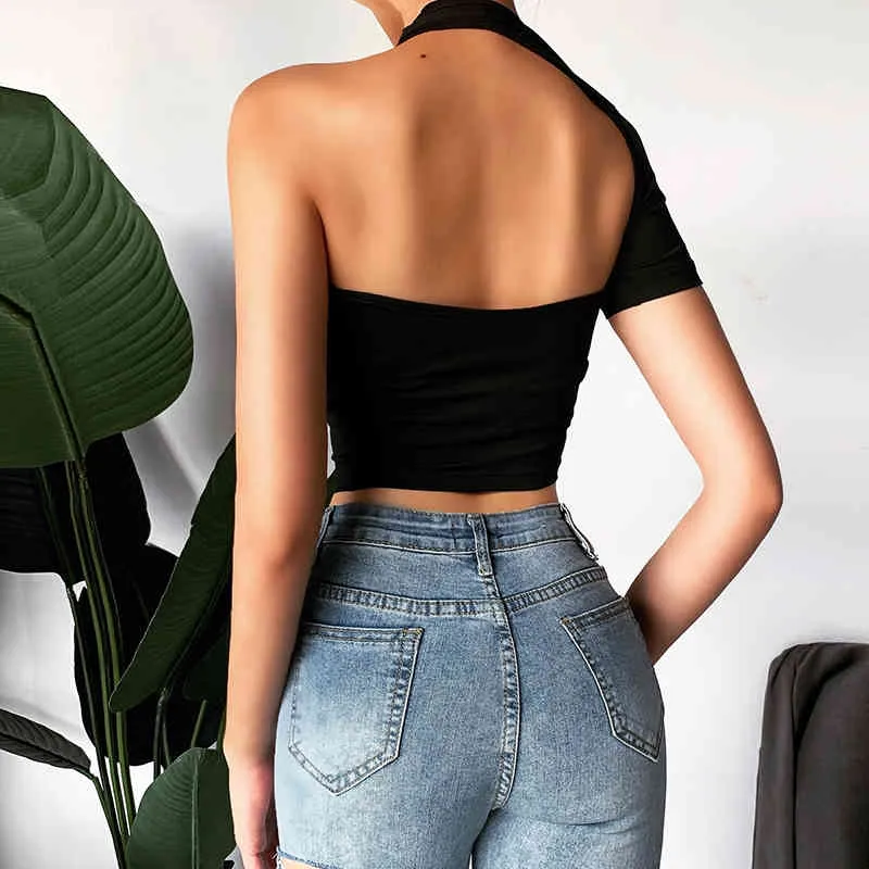 Omsj kvinnor slim casual streetwear t-shirts sexig en axel gröda ops svart elastisk sommar ihålig ut kort 210517