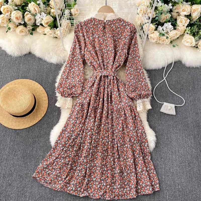 Lady Moda Vintage Slim Floral Print Boho Plaża Długa Sukienka Kobiet Rękaw Koronki Patchwork Eleganckie ubrania Vestidos 210514