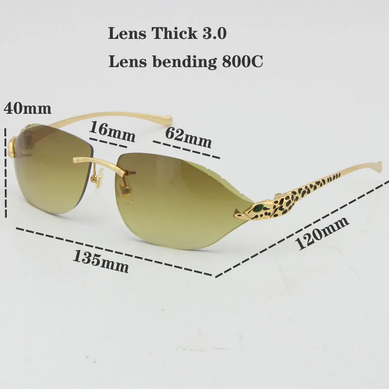 リムレスファッションヒョウシリーズゴールドサングラスメタルドライビングメガネ高品質のデザイナーUV400 3 0厚さフレームレスダイヤモンドC249E