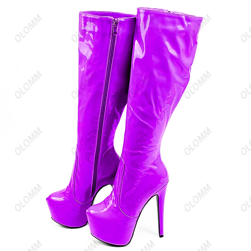 Rontic femmes hiver plate-forme genou bottes hautes Sexy talons aiguilles bout rond jolie Violet rose gris chaussures de fête Plus taille américaine 5-20
