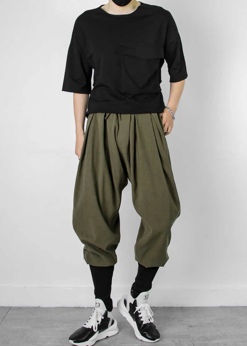 Vier seizoenen minimalistische Japanse donkere zwarte berg stijl broek rib zak kalf losse harem mannen 210715