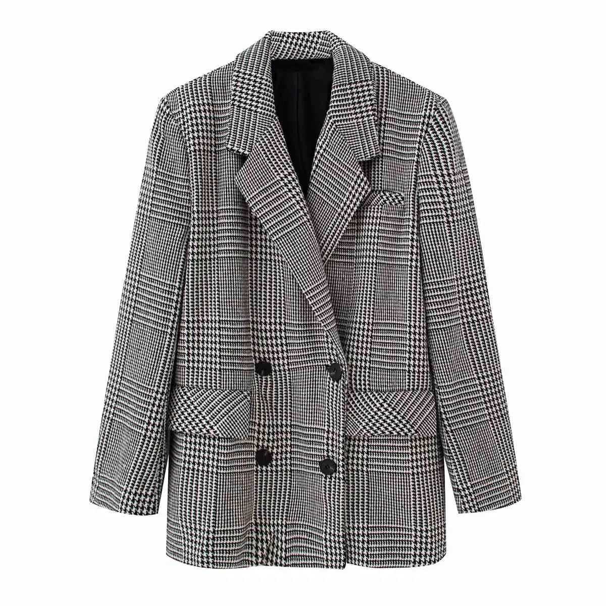 giacca blazer lunga scozzese vintage cappotto donna autunno inverno pied de poule doppiopetto giacca a vento nera 210427