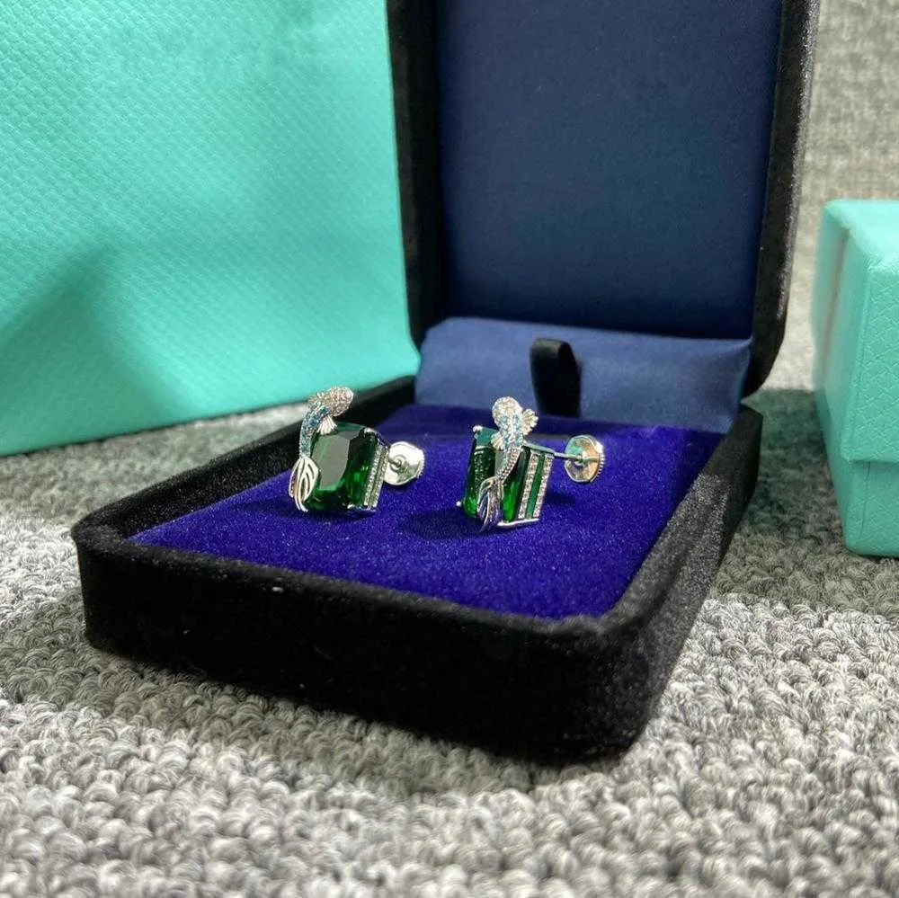 Брендовые серьги из чистого серебра 925 пробы для женщин, серьги с зеленой рыбой и бриллиантами, серьги для свадебной вечеринки, серебряные украшения, большой дизайн, Jewelry266M