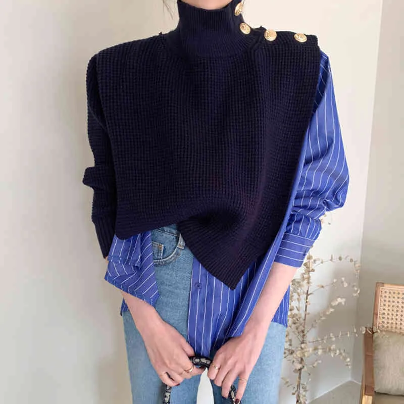 Coreano Chique Suéteres Mulheres Turtleneck Winter Patchwork Listrado Mujer Suésteres FAKE Outono Pull Femme 19167 210415
