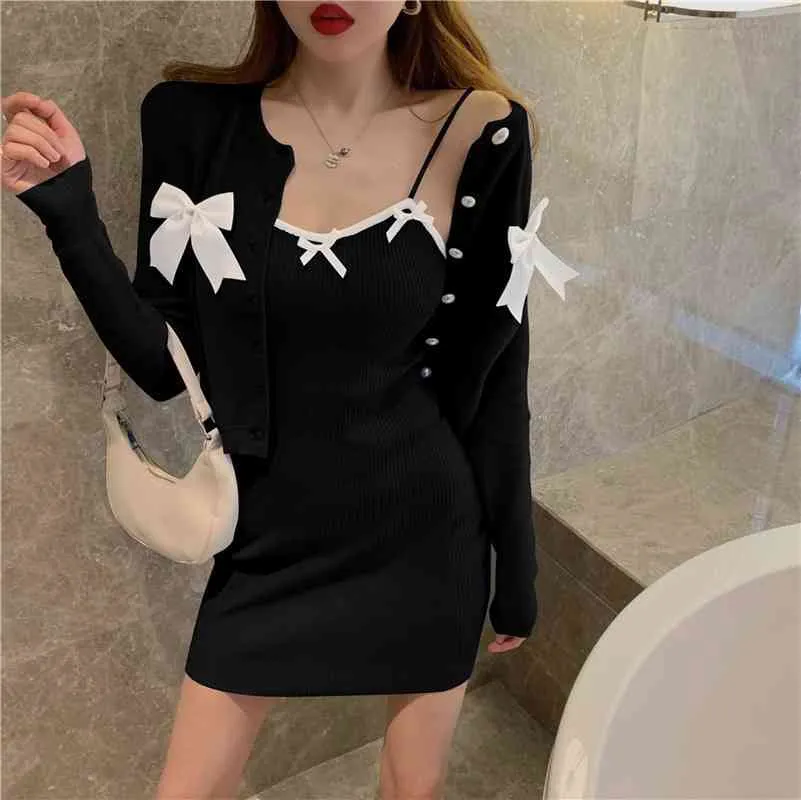 Ezgaga dzianiny dwa kawałek zestaw kobiety cienkie bowknot przycięte kardigan panie spaghetti pasek sexy bodycon sukienka casual koreańska wiosna 210430