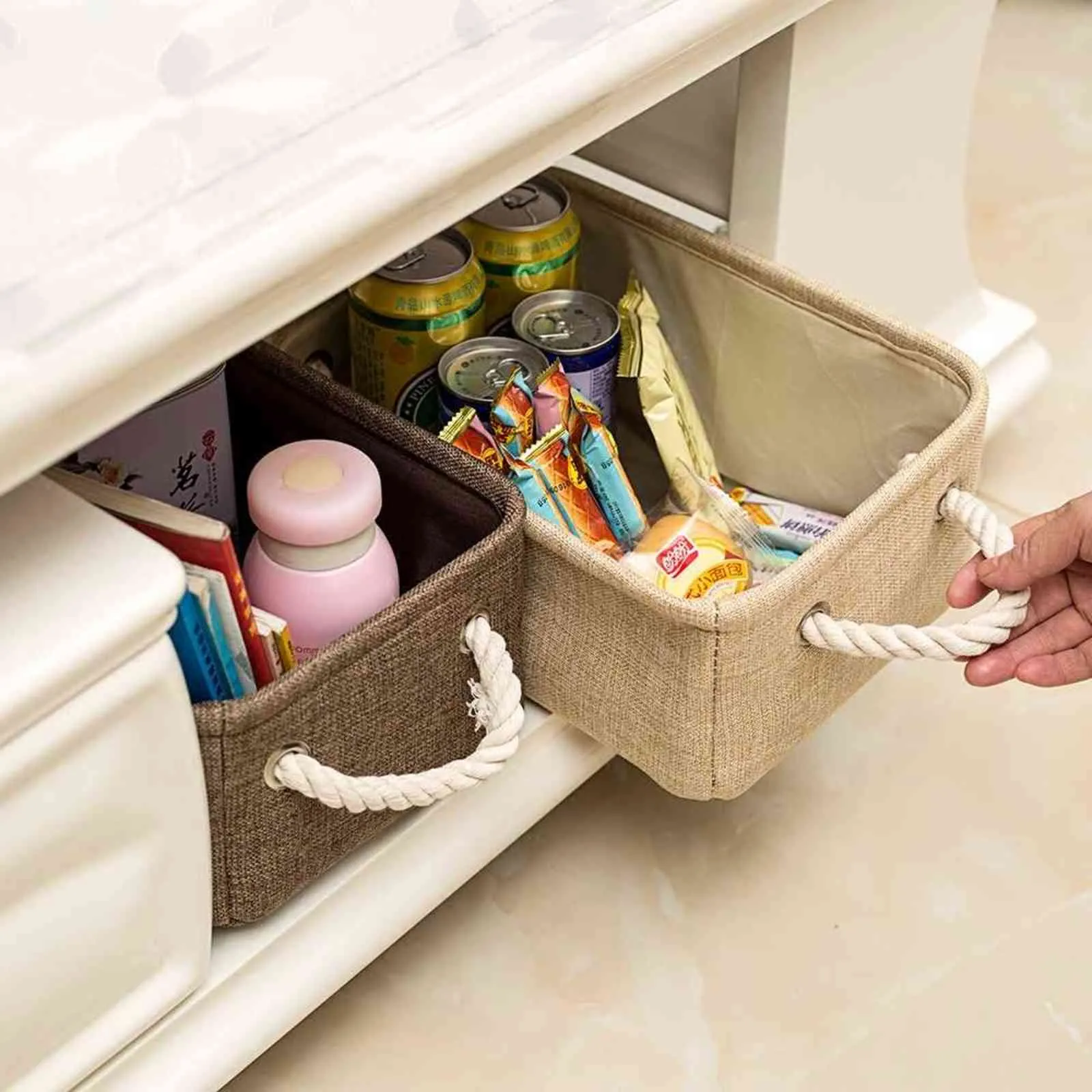 Linen Fabrics Folding Storage Boxes Bins With Rope Handles For Kids Toys Organizer Cabinet Clothes Basket Drawer Organizers 211102