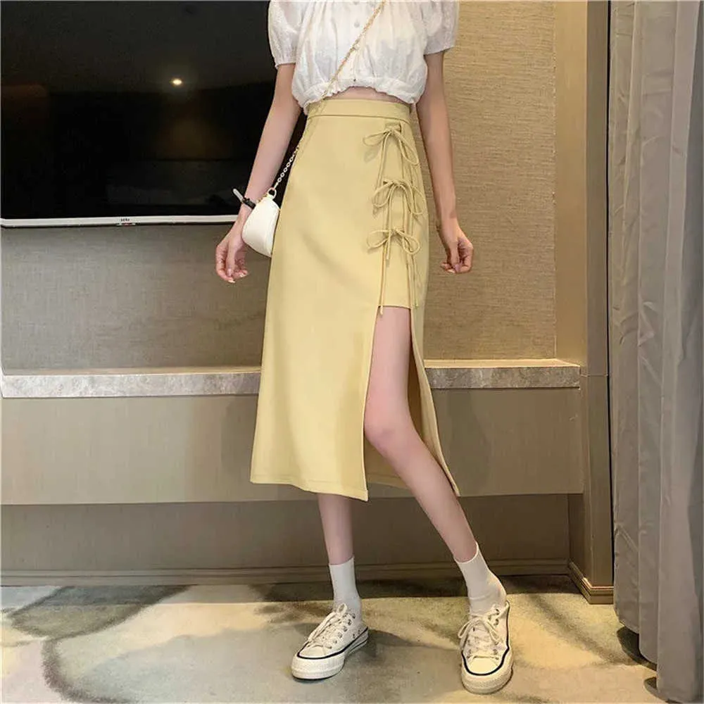 À lacets taille haute fendu jupes longues femmes été jaune irrégulier noir jupes mi-longues mode coréenne couleur unie Streetwear 210619