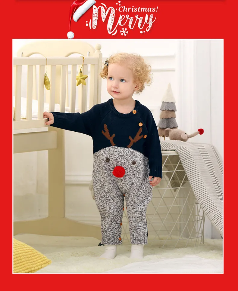 Christmas sweater knit Romper boys and girls cartoon deer baby boy clothes girl romper 210515