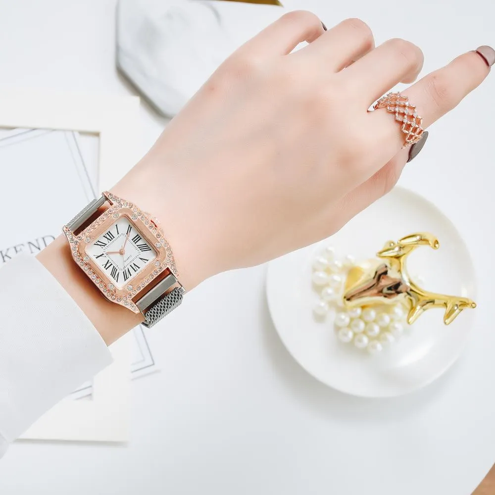 New Watches Women Square Rose Gold Wrist Watches Magnetic Fashion Brand Watches Ladies Quartz Clock montre femme161u