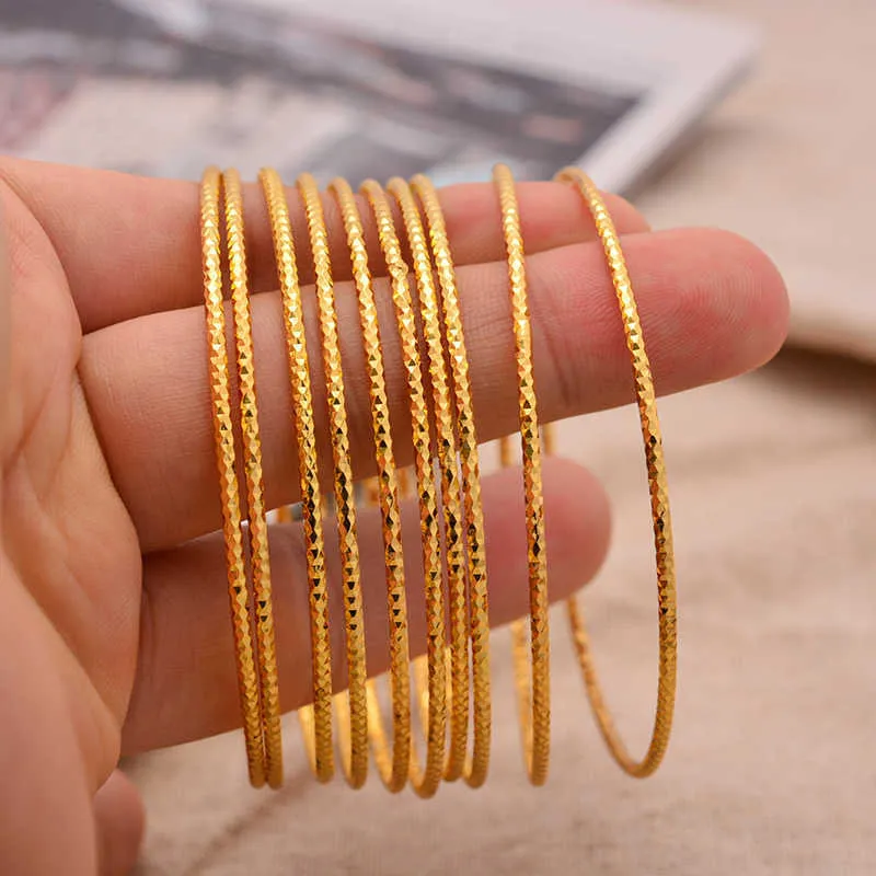 24k 6-Girl Gold Color Dubai Bangles Kids Ethiopian Bracelet Africa Arab Jewelry Bracelet Gift Bangles 6cm Inside Diameter Q0717