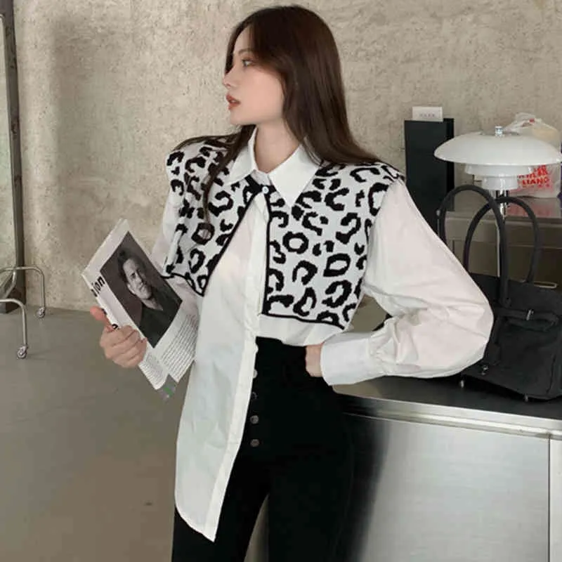 Lucyever Leopard Châle Mode Blouses pour femmes Automne Chemises à manches bouffantes Femmes Style coréen Blanc Tout-match Tops Femme 210521