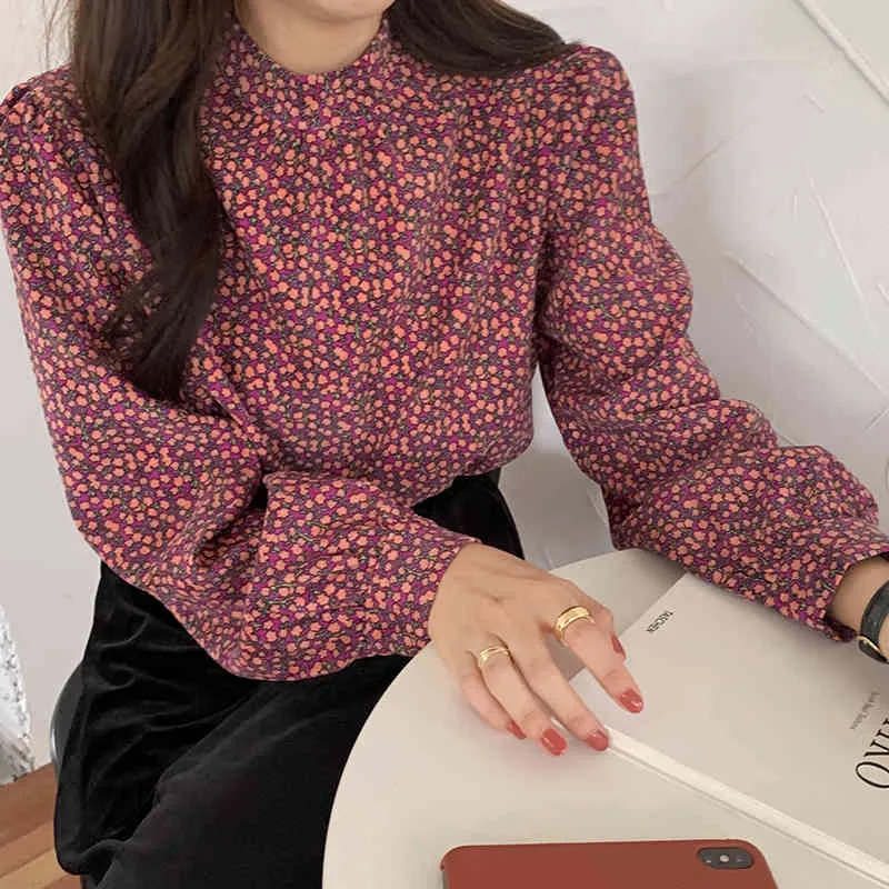 Ezgaga floral impresas camisas dulces mujeres elegante otoño soporte collar suelto manga larga corduroy tops oficina señora moda 210430