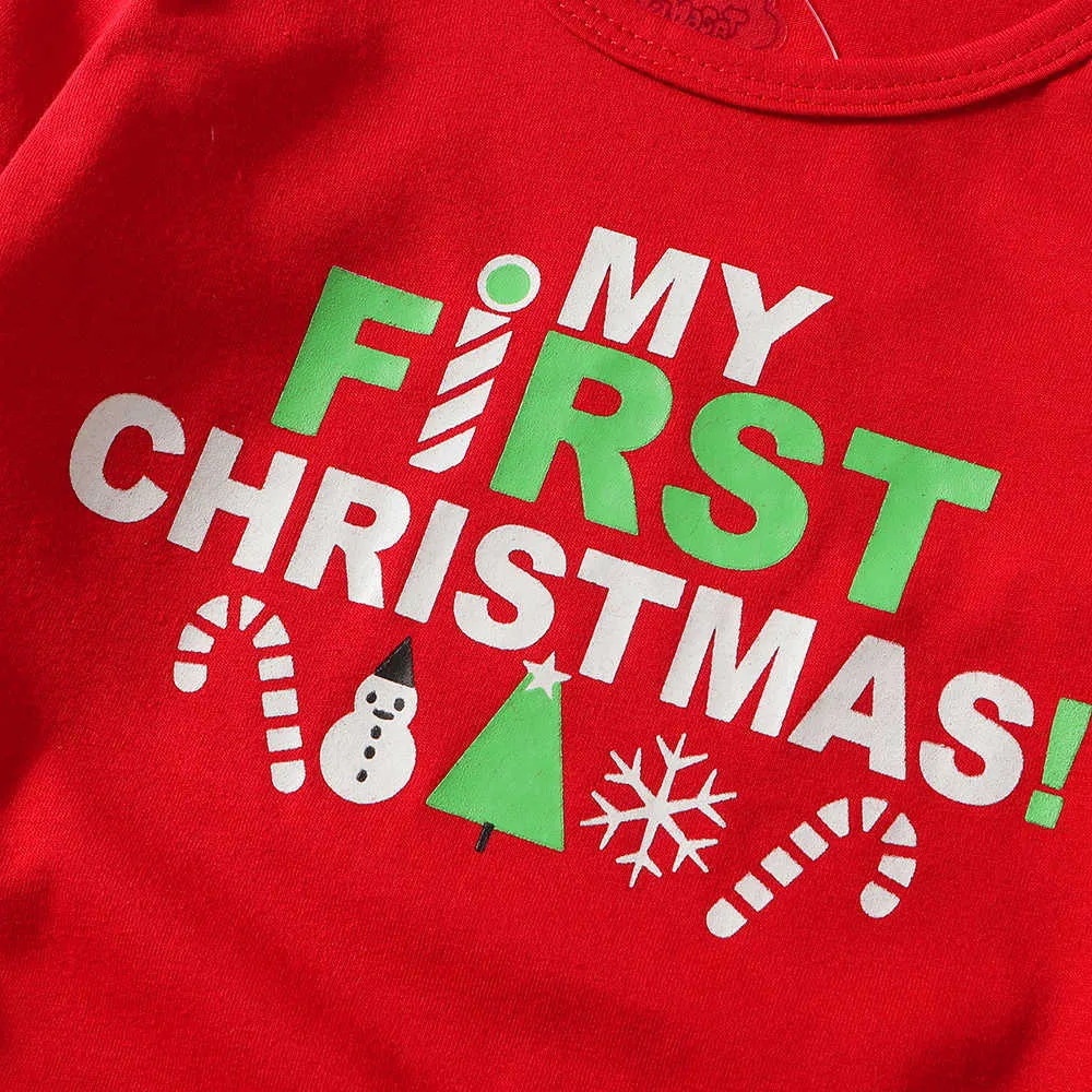 Mode Baby First Christmas Clothing Set Girls Outfit Red Romper och Skriv ut kjol Ins Letter Year Toddler Kläder 210529