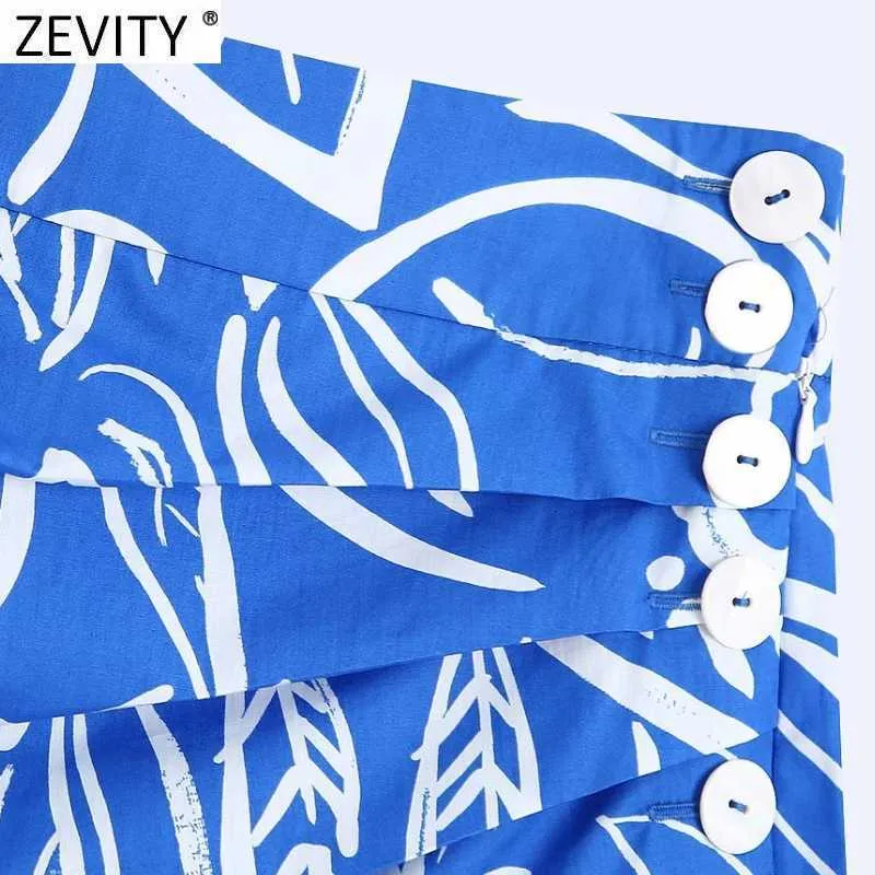 Zevity Women Vintage Pleats Design Floral Print Hem Irregular Skirt Faldas Mujer Female Side Zipper Buttons Mini Vestidos QUN791 210621