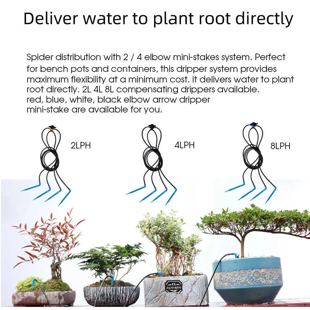 Irrigation goutte à goutte à effet de serre 4 voies 2L 4L 8L 3 / 5mm Kit d'égouttement de tuyau Kit d'arrosage de jardin Pot d'arrosage Bend Dripper Sprinkler Transmetteur 210610