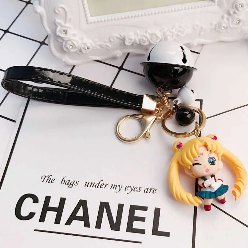 Cute Sailor Moon 3D Model Keychain Key Ring With Colorful Bell Leather Rope for Women Girl Handbag Backpack Key Ring Holder G1019