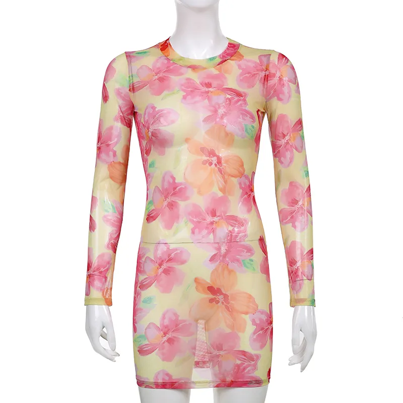 Floral Printed Lato See przez Y2K Sukienki Kobiety Długie Rękaw Dye Bodycon Mini Sundress Dress Beachwear Stroje 210510