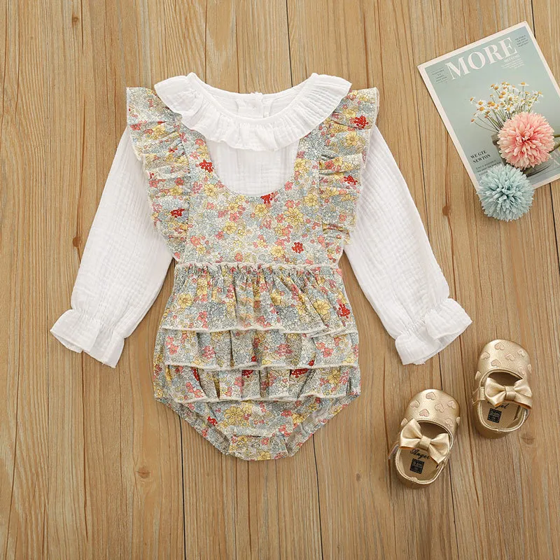 0-24M Autumn Spring born Infant Baby Girls Clothes Set White Long Sleeve Tops Ruffles Romper Overalls Cute Outfits 210515