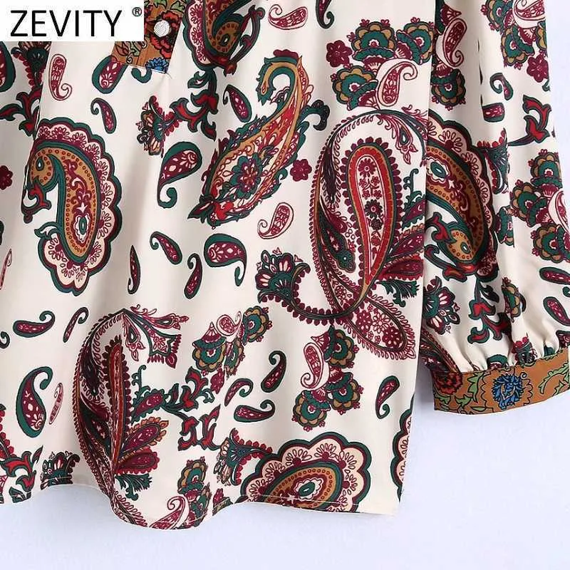 Zevity Women Vintage V Neck Paisley Casual Smock Blouse Ladies Chic Press Totem Floral Print Femininas Shirts Blusas Tops LS9336 210603