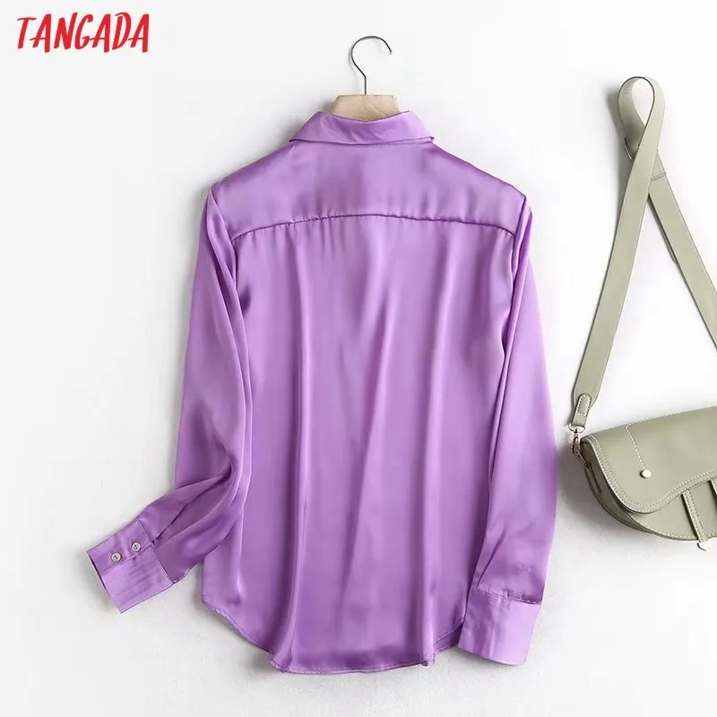 Mujeres Camisas de satén púrpura Manga larga Sólido Elegante Oficina Damas Ropa de trabajo Blusas de alta calidad 4C30 210416