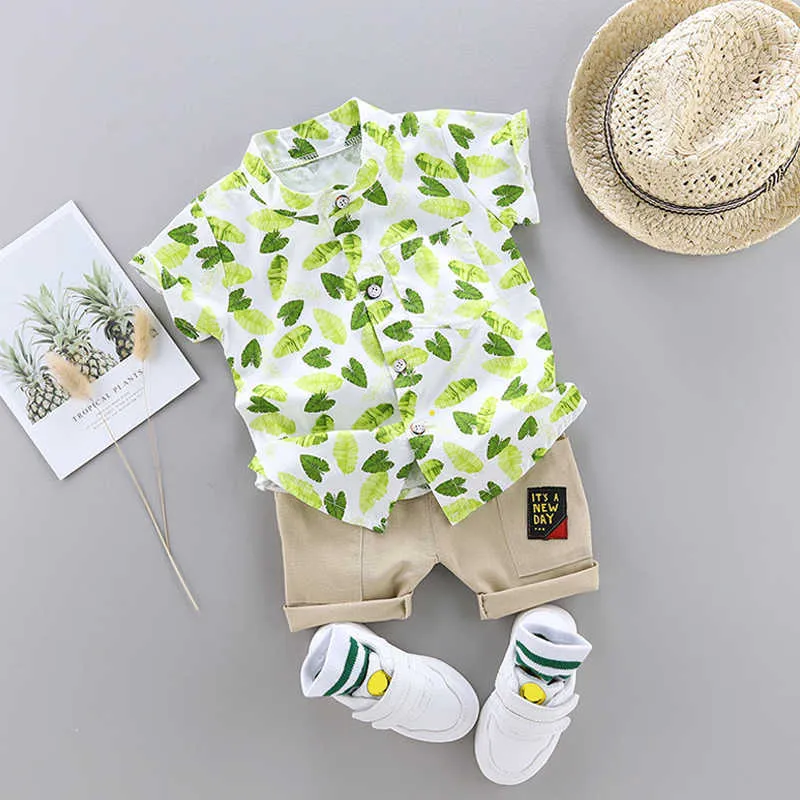 Conjunto de ropa de camisa de manga corta para niño pequeño, conjunto de estampado de hojas de verano, ropa para niños, traje para bebés, ropa para niños X0802