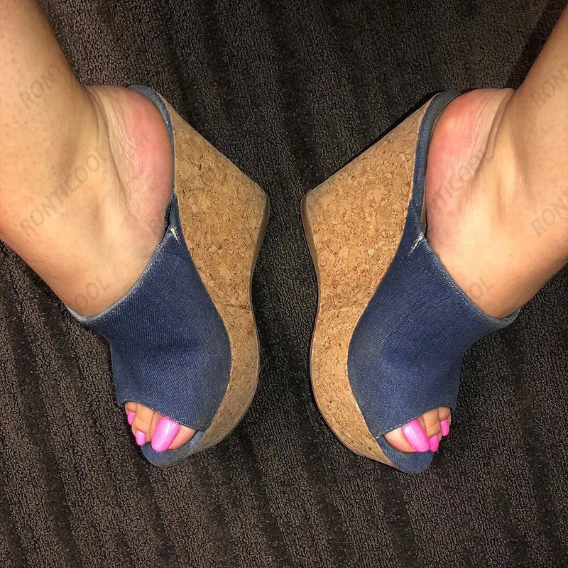 Rontic New Fashion Women Platform Mules Sandaler Tofflor Sexiga Wedges Heels Peep Toe Pretty Blue Casual Shoes US Storlek 5-20