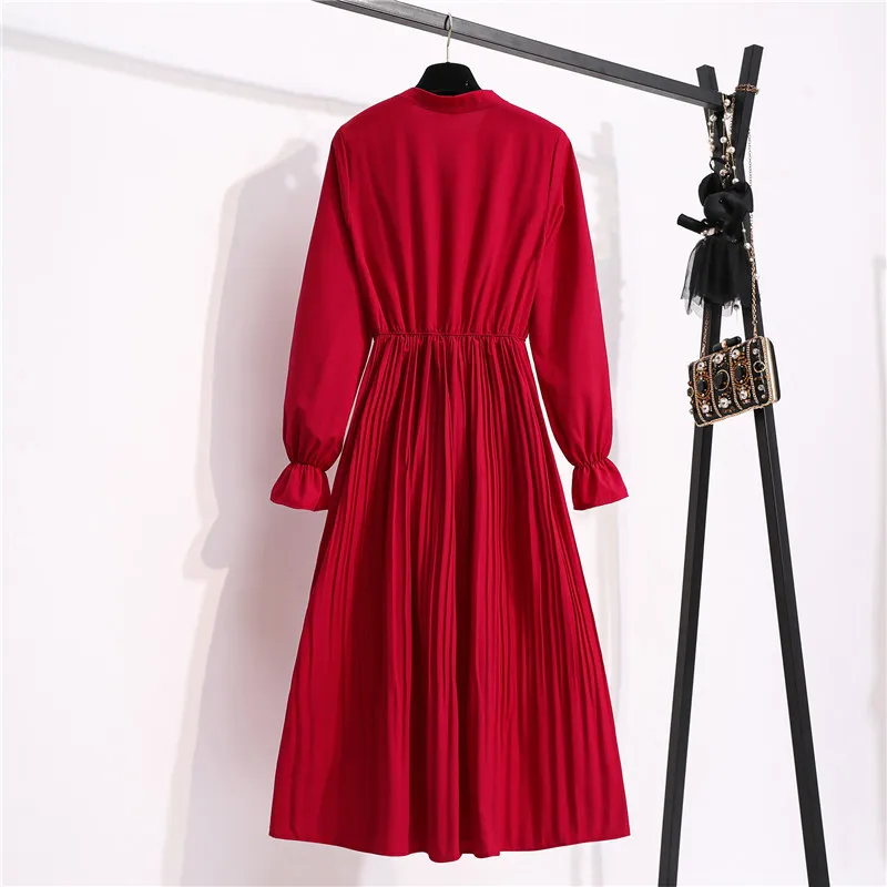 Robes longues pour femmes automne printemps solide manches évasées en mousseline de soie taille haute nœud plissé vintage a-ligne femme robes 210423