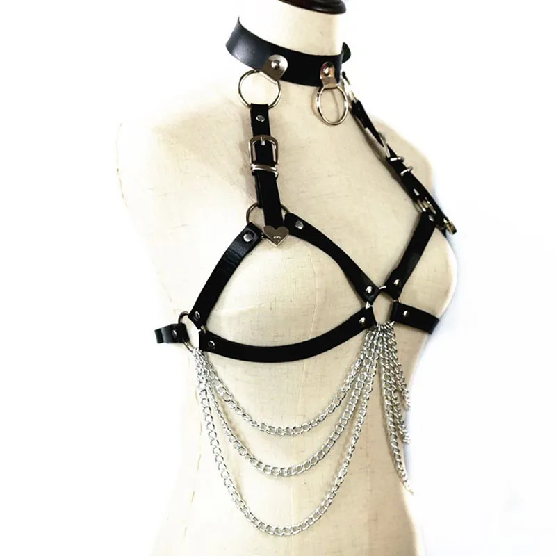 Jarretière en cuir noir gros joint torique licou Sexy harnais soutien-gorge Cage bretelles réglables ceintures métal Rivet Clubwear pour Lady2690