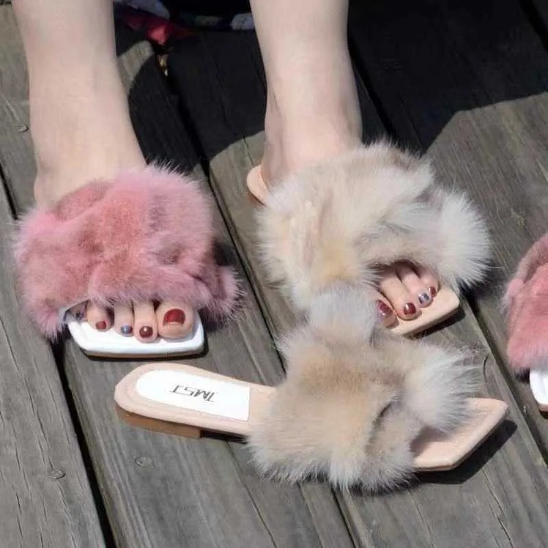 European Station, summer 2021 100% real fox sandals square-headed hair slippers fashionable and anti-skid women's shoes Y0804