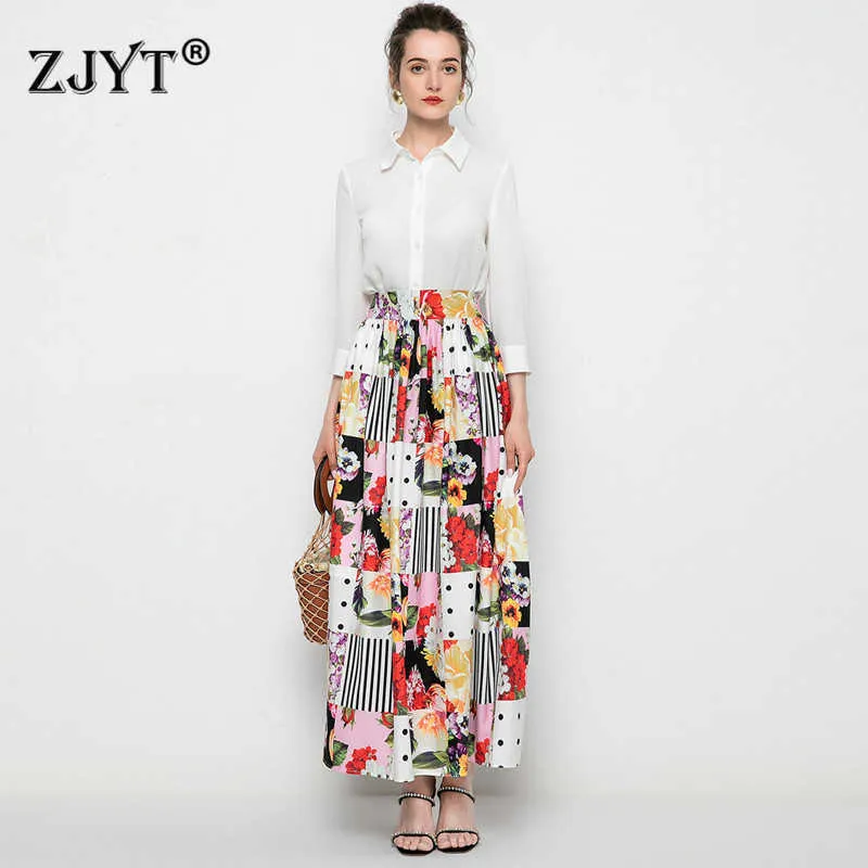 High Quality Runway Designers Spring Women Outfits Elegant Lady White Blouse and Long Floral Print Skirt Suit Set 210601