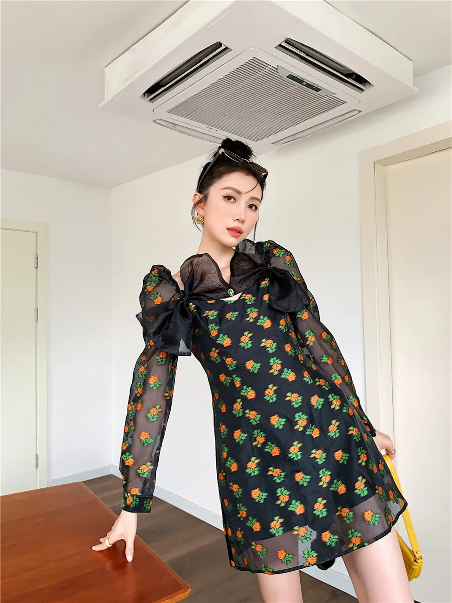 Korobov zomer nieuwe vrouwen boog jurk vintage print lange mouw jurken Koreaanse strand stijl vestidos femme 210430