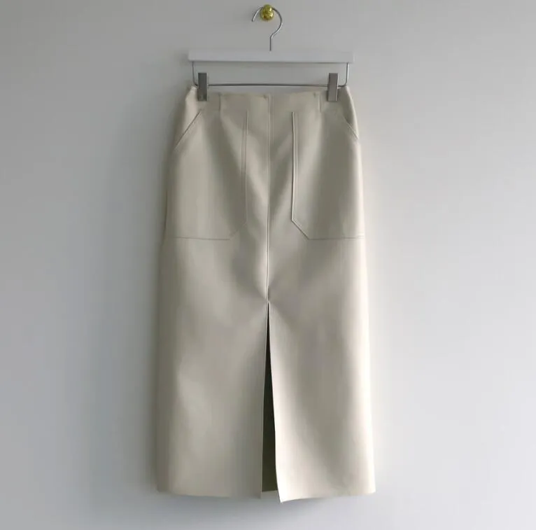 Falda de lápiz de cuero de PU con abertura frontal Office Lady Corea Mujeres Bolsillos dobles Paquete de cintura alta Caderas Faldas medias largas Femme 210429