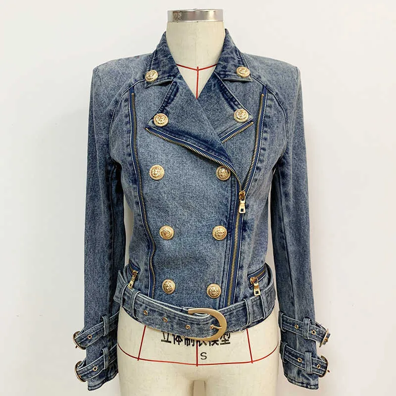 HIGH STREET est Designer Fashion Mujer Lion Buttons Denim Motorcycle Biker Jacket 211014