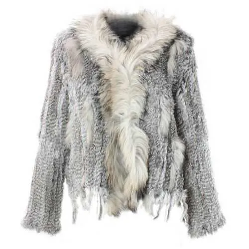 Natural Knitted Rabbit Fur Vest With raccoon Collar long sleeve fur coat with tassel customized overcoat large size 210925