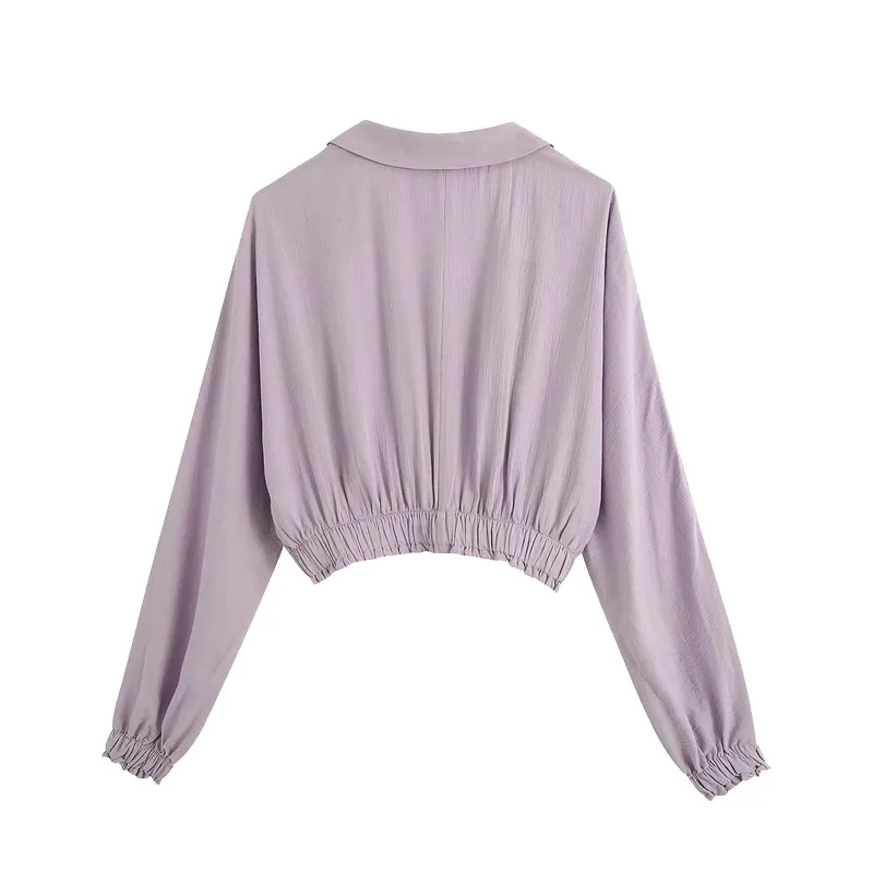 Femmes Mode Boutons Violets Blouses courtes Vintage Cranté Chemises à manches longues Élégantes Dames Chic Tops 210520