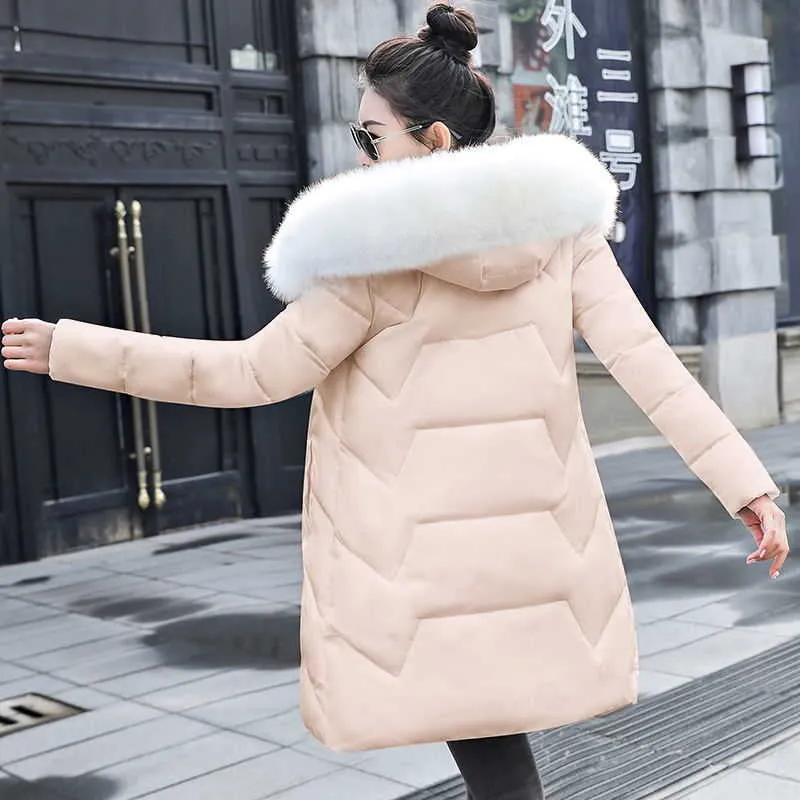 White Women Winter Hooded Warm Coat Fur collar Detachable Cotton Padded Jacket Female Long Parka Womens Wadded Jaqueta Feminina 211018