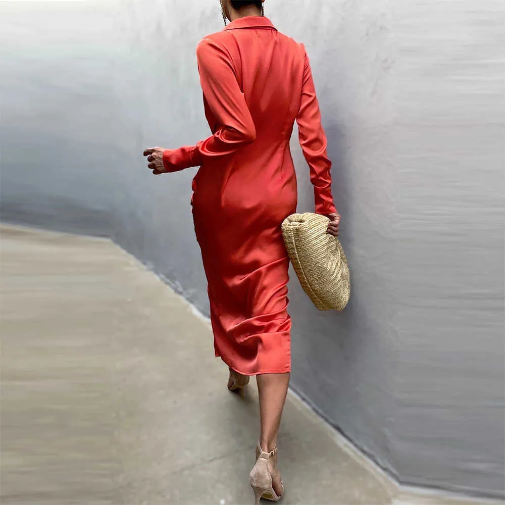 赤い折りたたみセクシーなVネックネクタイフロント長袖ロングスカートドレス暖かい服2021秋のファッションラペルシャツドレスY1006