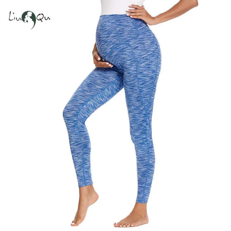 Pregnancy Mama Clothing Pantalon de yoga de maternité pour femme avec poches Leggings d'entraînement taille haute 210721